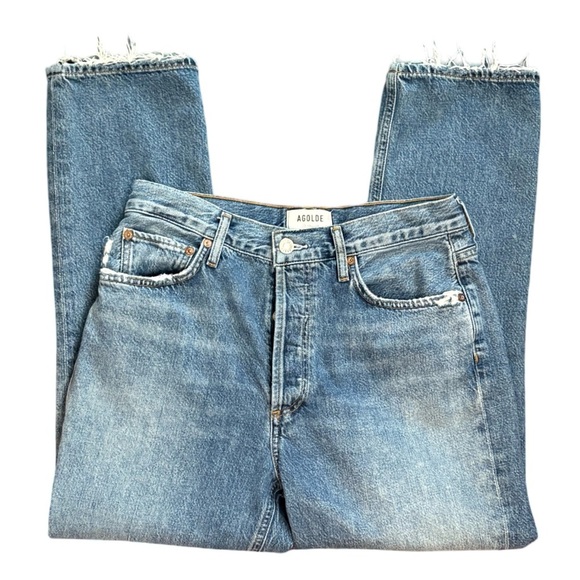 AGOLDE Riley Crop High Rise Straight Leg Medium Blue Fray Hem Denim Jean Size 28 - Picture 4 of 12